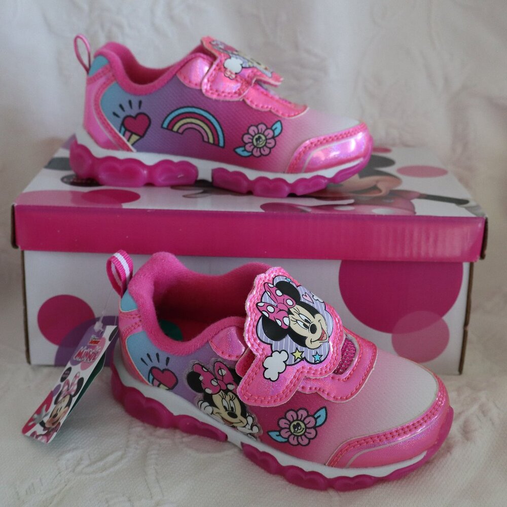 Minnie Mouse Pink Light up Sneakers Sz 8 w/ rainbows, flowers, clouds and hearts